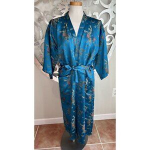 MEDIUM 100% Silk SMR Robe Dragons Pockets Aqua Teal Blue LONG Sash Unisex